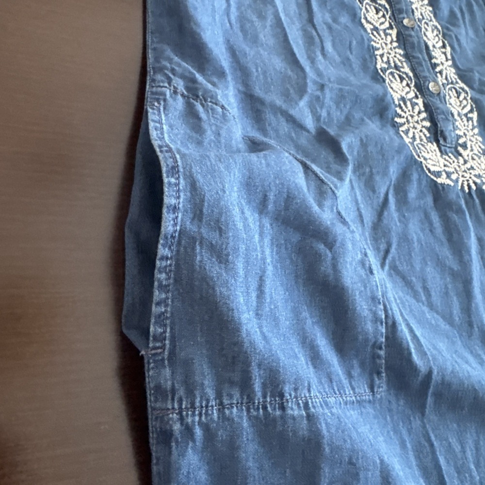 J. Jill Embroidered Denim Chambray Shift Dress Blue Boho Pockets Women's Size L - Picture 9 of 12